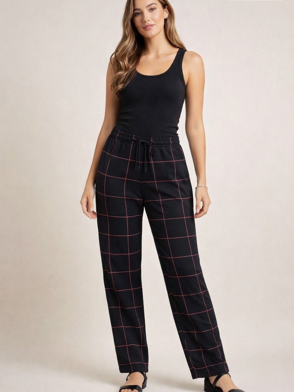 Womens Stars Above Black and Red Grid Pajama Large